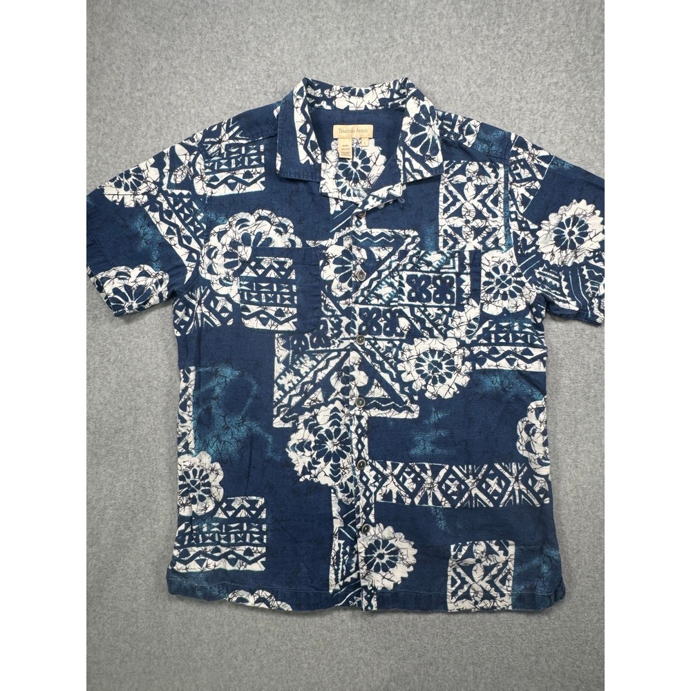 Territory Ahead Mens Large Blue White Batik Block Print Cotton Camp Shirt 143233